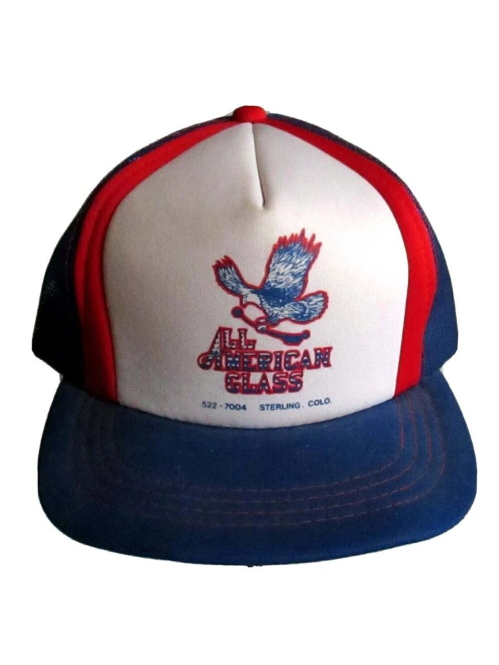 Vintage Trucker Hat Snapback All American Glass Blue Red White Mesh Made Korea